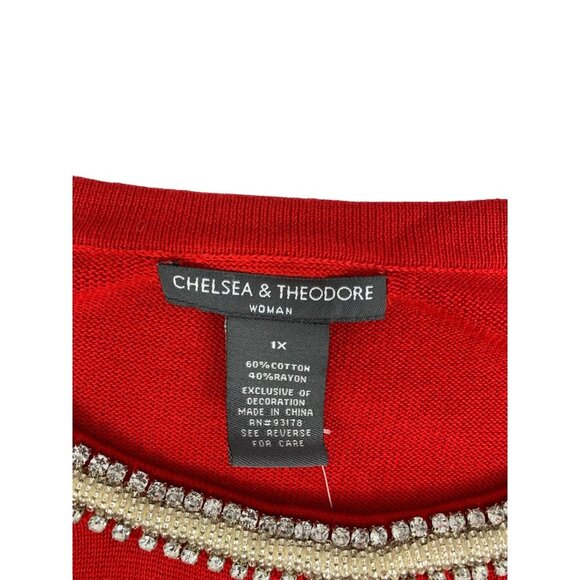 Chelsea & Theodore Women's Jeweled Neck Red Sweater - Picture 3 of 6